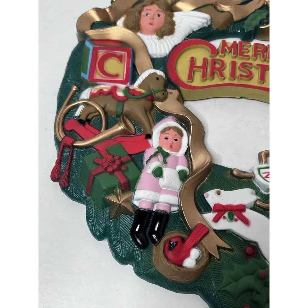 Vintage Plastic Molded 3D Wall Hanging Kitschy Toys Angel Santa Christmas Wreath
